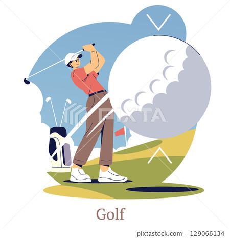 Vector illustration of a golfer swinging their club on a golf course. The player is in mid-swing, focused on the ball, with a large golf ball in the foreground, capturing the essence of the sport. Vector illustration of a golfer swinging their club on a golf course. The player is in mid-swing, focused on the ball, with a large golf ball in the foreground, capturing the essence of the sport. 129066134