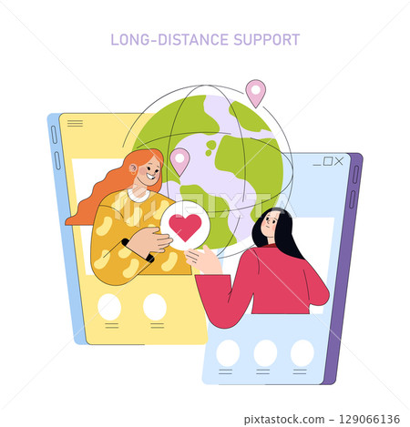 Vector illustration depicting long-distance support through digital connection. Two people exchanging a heart symbol over a virtual interface with a globe and location markers, symbolizing distance 129066136