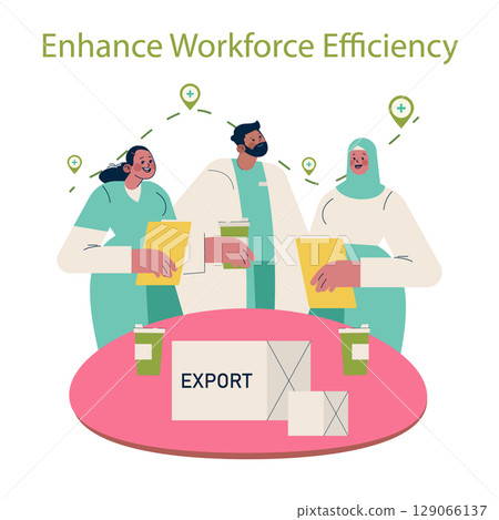 Vector illustration depicts three professionals holding documents with a collaborative expression, optimizing workforce efficiency. Export boxes and coffee cups are on the table. 129066137