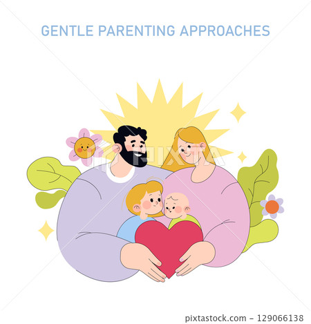 Vector illustration of a family practicing gentle parenting, embracing and holding a heart shape together. The image conveys warmth and love with smiling expressions and harmonious elements. 129066138