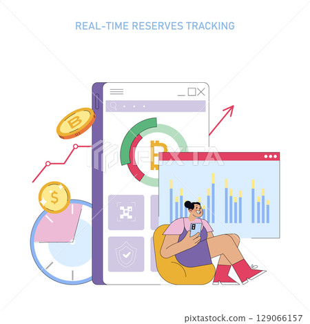 Digital vector illustration showcasing real-time cryptocurrency reserves tracking. Features dynamic graphs, digital interfaces, and a relaxed person analyzing data on a mobile device. 129066157