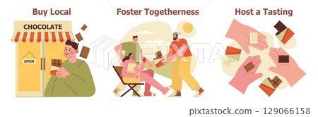 Vector illustration series featuring actions promoting local chocolate shops. Includes scenes of buying locally, fostering community through sharing, and hosting tasting events for engagement. 129066158