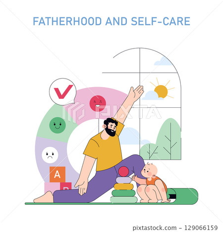 Mens Health Month concept. Father practicing self-care and bonding with his young child in a bright, positive home environment showing the importance of emotional wellness and family health. Vector 129066159