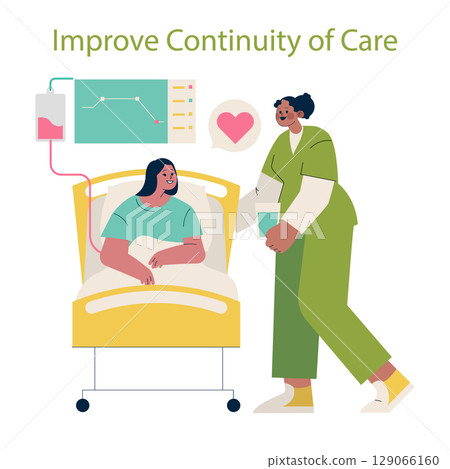 Vector illustration depicting a healthcare professional attending to a patient in a hospital setting. Emphasizes continuity of care with patient interaction and medical support. 129066160