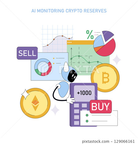 Vector illustration of AI technology monitoring cryptocurrency reserves, featuring charts, graphs, and digital coins. Includes buy and sell indicators and a calculator for values. 129066161