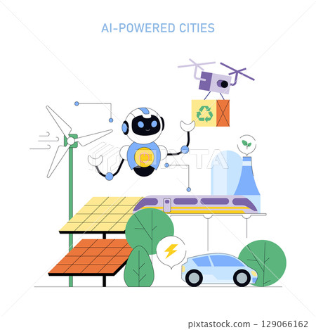 Vector illustration of a futuristic AI-driven city showcasing renewable energy sources, automated systems, and eco-friendly transportation, emphasizing sustainability and innovation. 129066162