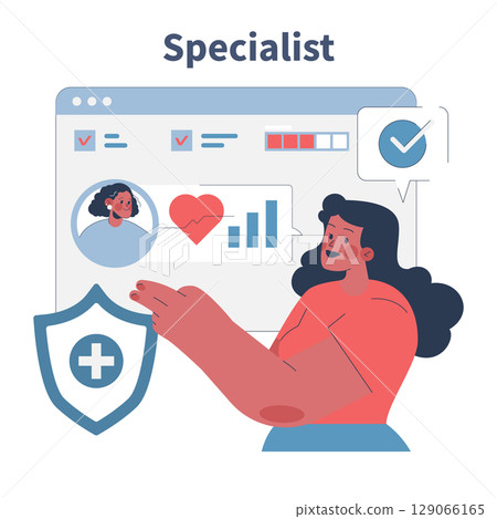 Vector illustration of a digital health specialist analyzing patient data on a screen interface. The specialist is pointing at health statistics with protective symbols. Vector illustration of a digital health specialist analyzing patient data on a screen interface. The specialist is pointing at health statistics with protective symbols. 129066165