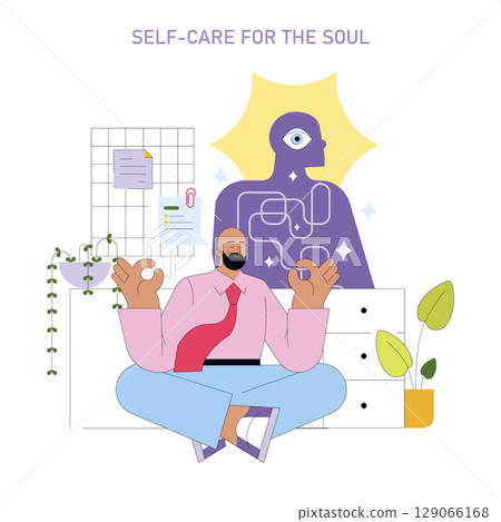 Illustration of a man meditating in an office setting, symbolizing self-care for the soul. The image features a serene expression, surrounded by plants and paperwork. 129066168