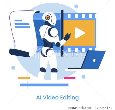 Robot utilizing artificial intelligence to edit video content next to a laptop. The vector illustration showcases innovative technology in media production and video editing. 129066169