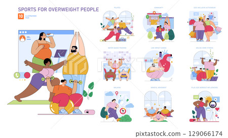 Vector illustration depicting overweight individuals engaging in various sports and fitness activities. Scenes include pilates, water training, low-impact cardio, and more, promoting active lifestyles Vector illustration depicting overweight individuals engaging in various sports and fitness activities. Scenes include pilates, water training, low-impact cardio, and more, promoting active lifestyles 129066174