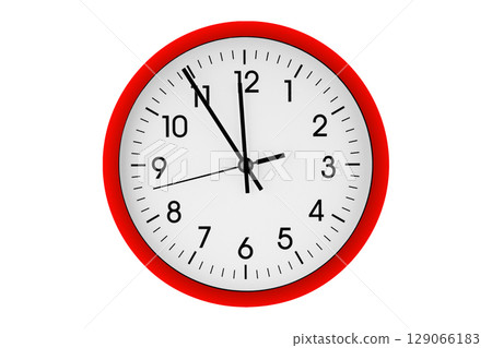 Red watch, wall clock 11 hours 45 minutes on isolated or white background 129066183