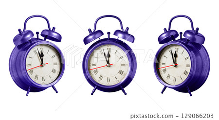 set collection retro clock, watch, pointer clock, Purple, violet color alarm clock on isolated white background 129066203
