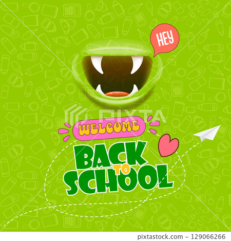 Welcome Back To School square banner design template with funny smiling monster mouth and flying paper plane on green background. welcome back to school background, poster, flyer, cover and sticker Welcome Back To School square banner design template with funny smiling monster mouth and flying paper plane on green background. welcome back to school background, poster, flyer, cover and sticker 129066266