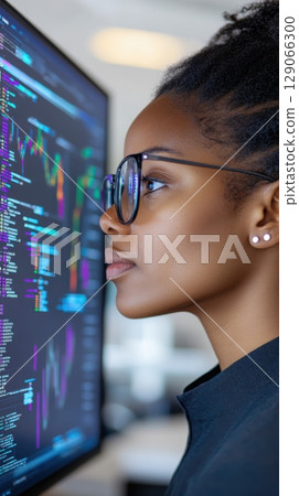 Confident black female data scientist reviewing visualizations on a transparent screen in a modern workspace. Data scientist 129066300