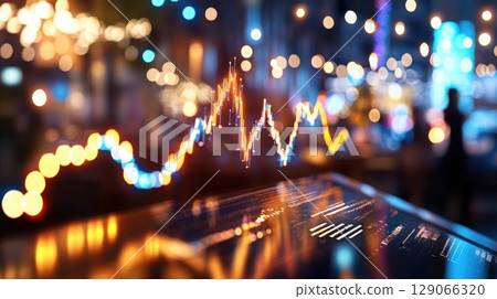 A professional holds a smartphone with a glowing data stream and abstract symbols of charts and analytics in a modern office. Data scientist 129066320