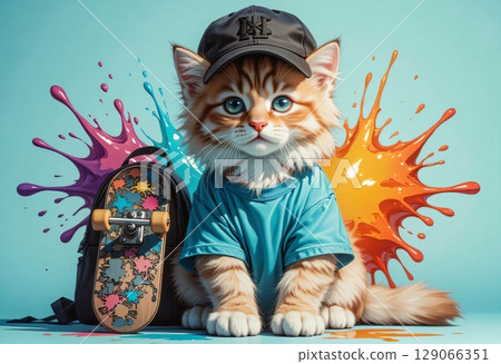 Fluffy kitten in cap with skateboard and pencils splashing color Fluffy kitten in cap with skateboard and pencils splashing color 129066351