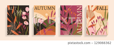 Set of modern Autumn themed cards, covers, vertical banners. Japanese style template for design, print. Abstract background perfect for flyers, social media, ads, promo. Vector illustration 129066362