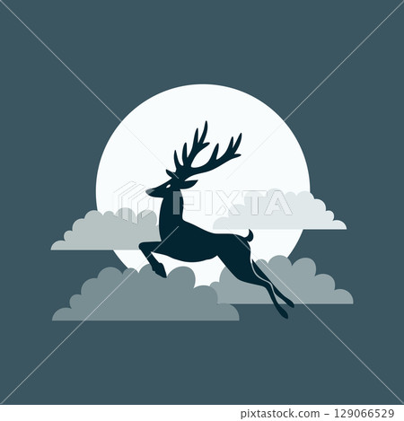 Deer silhouette in the sky. Silhouette of a deer jumping  in front of the moon in the clouds Illustration. 129066529