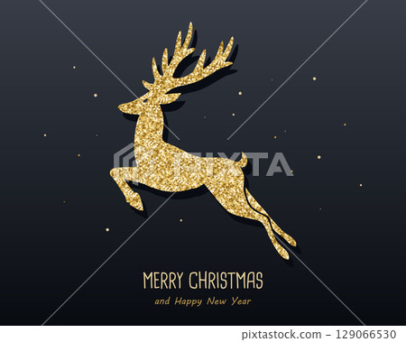 Merry Christmas and Happy New Year greeting card with golden glittering deer. Illustration. 129066530