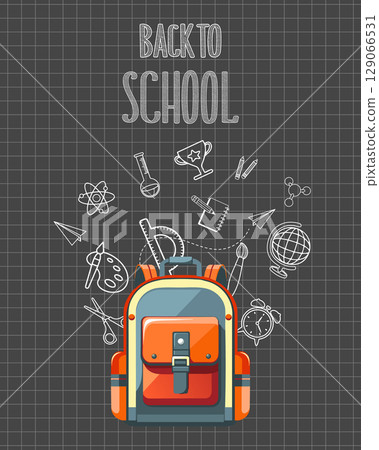 Back to school poster with backpack and school supplies on blackboard background. Illustration. 129066531