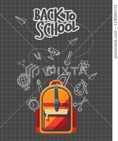 Back to school poster with backpack and school supplies on blackboard background. Illustration. Back to school poster with backpack and school supplies on blackboard background. Illustration. 129066533