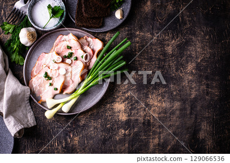 Sliced boiled smoked pork or ham 129066536
