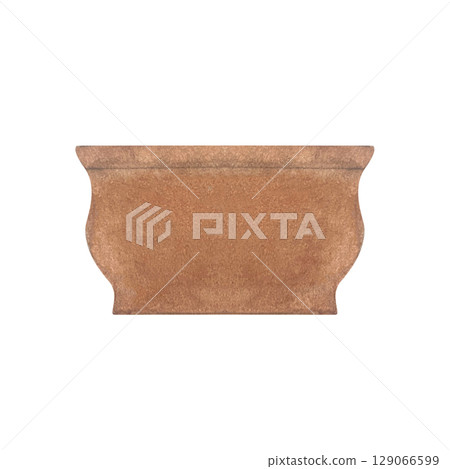 Terracotta flower pot illustration with watercolor texture, classic curved shape. Hand-painted clip art isolated on white.Perfect for botanical arrangements, garden designs, and spring decor projects 129066599