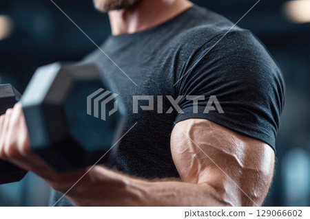 Close-up of a muscular male arm lifting a dumbbell during strength training. Perfect for fitness, bodybuilding, and workout motivation content 129066602