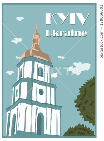 Kyiv travel poster with a stylized illustration of a historic church tower and a clear blue sky 129066603