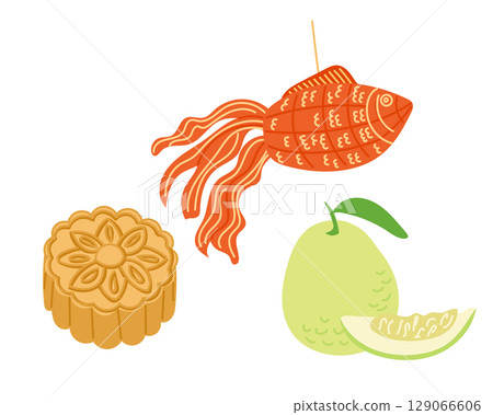 Mid-Autumn Festival icons including a mooncake, pomelo fruit, and a hanging paper fish decoration 129066606
