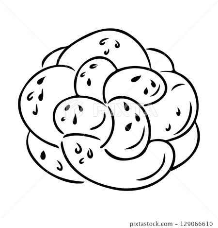 Hand drawn outline of a braided challah bread with poppy or sesame seeds on top Hand drawn outline of a braided challah bread with poppy or sesame seeds on top 129066610
