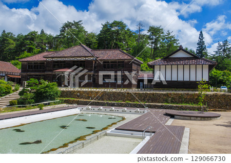 retro wooden school building retro wooden school building 129066730
