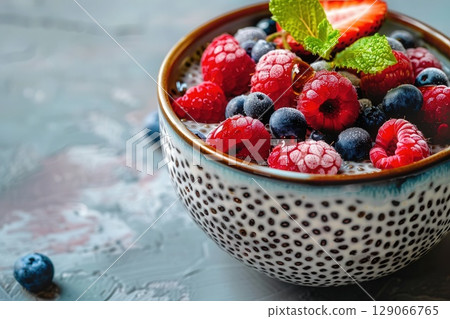 Chia pudding with frozen raspberries, blueberries, strawberries, and mint leaves in a ceramic bowl, healthy breakfast 129066765