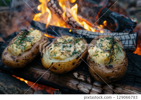 Baked potatoes with melted butter and herbs on open fire. Campfire cooking on wooden logs. Rustic outdoor meal. 129066783