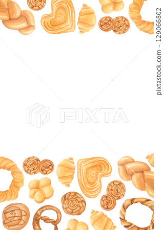 Watercolor bakery frame with pastries. Hans-drawn food border illustration isolated on white Watercolor bakery frame with pastries. Hans-drawn food border illustration isolated on white 129066802