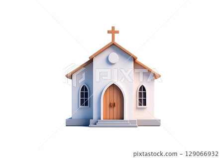 3d cartoon church illustration with steeple cross and arched wooden doors, isolated religious building 129066932
