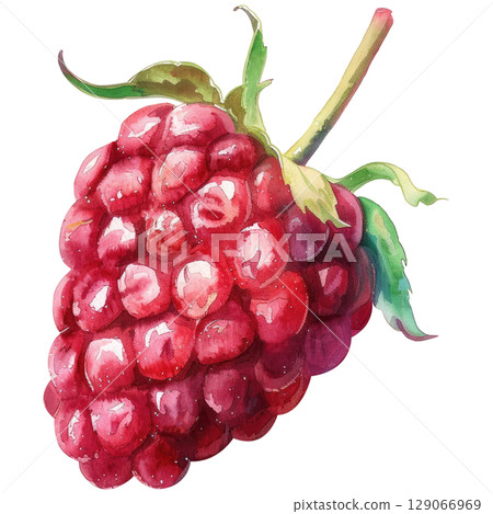 Juicy summer raspberries in watercolor technique with soft blending and natural imperfections. White background isolated artwork perfect for packaging or menu designs 129066969