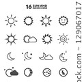 Celestial Vector Icons: A set of 16 minimalistic icons representing the sun, moon, and stars, rendered in a clean vector style, ideal for weather forecasts or astrological designs. 129067017