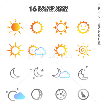 Iconic Celestial Duo: A vibrant array of sun and moon icons representing various styles and concepts, perfect for design projects and thematic representations. 129067018