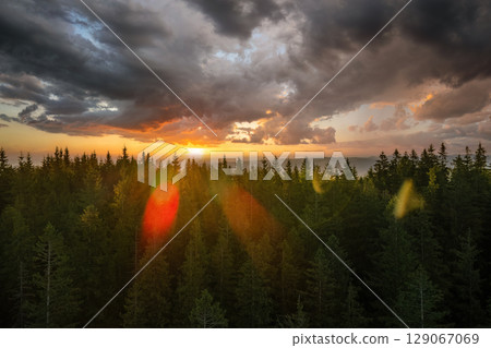 Colorful sunset in wild mountains. Dark pine forest illuminated with bright setting sun. Beautiful nature landscape Colorful sunset in wild mountains. Dark pine forest illuminated with bright setting sun. Beautiful nature landscape 129067069