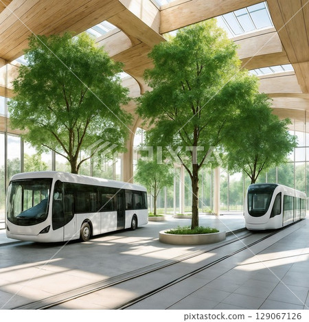 modern transit hub featuring natural elements and sleek design with trees on platforms for use in sustainable city concepts 129067126