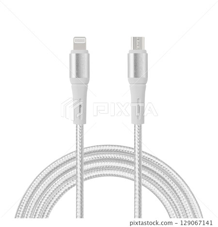 white cable for charging and synchronization with Lightning and Micro USB connectors on a white isolated background white cable for charging and synchronization with Lightning and Micro USB connectors on a white isolated background 129067141