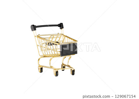 shopping trolley side view gold, yellow and black color cart on isolated white background 129067154