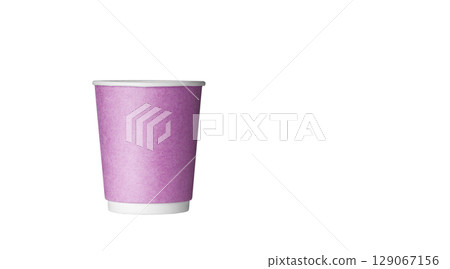 cardboard glass of pink color, for coffee or tea on an isolated white background 129067156