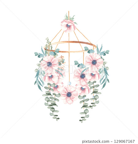 Watercolor baby cradle Mobile with Eucalyptus and Anemones. Hand drawn illustration in pastel colors of kids hanging toy. For greeting cards, gender reveal, its a girl party or baby shower invitations 129067167