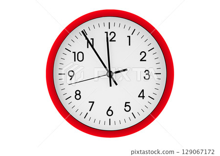 Red watch, wall clock 11 hours 45 minutes on isolated or white background 129067172