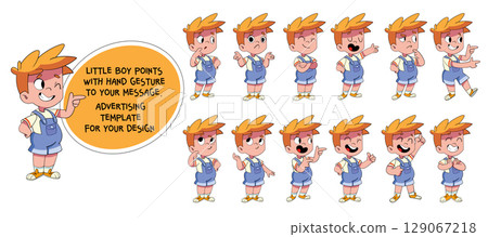Little boy points with hand gesture to your message. Advertising template for your design Little boy points with hand gesture to your message. Advertising template for your design 129067218