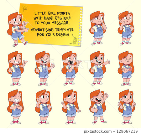 Little girl points with hand gesture to your message. Advertising template for your design 129067219