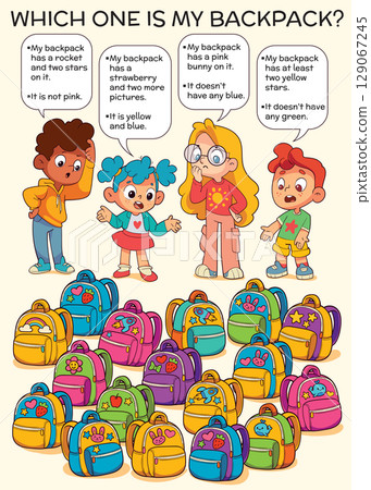 Logic puzzle for kids: read the clues and find which backpack belongs to each child 129067245