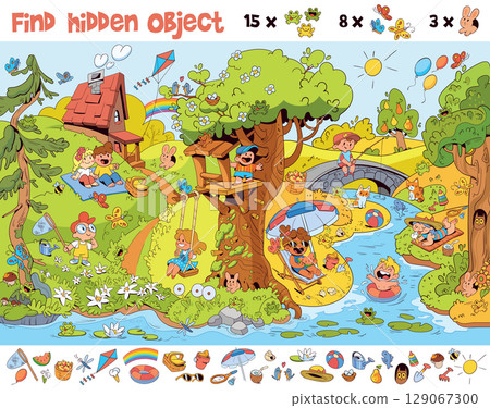 Find 15 frogs. Find the hidden object in the picture. Wimmelbuch 129067300